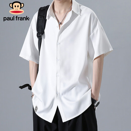 大嘴猴（paul frank）短袖衬衫男夏季宽松垂感衬衣男士外套痞帅休闲短袖 黑色 XL 