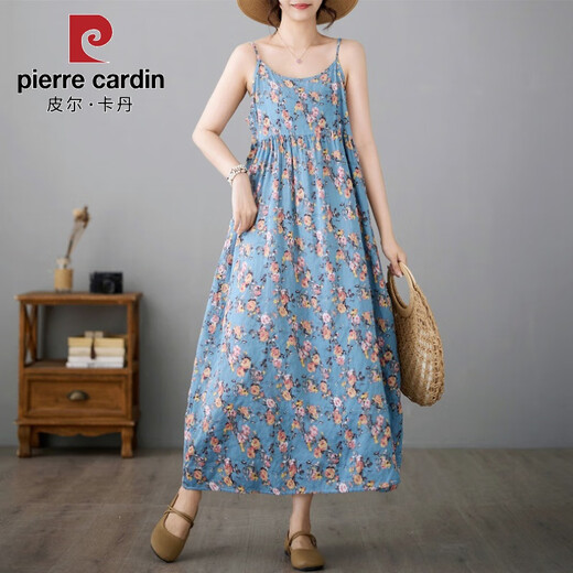 Pier Cardin Small Fresh and Literary Cotton Linen rétro petite robe florale mi-longueur grande jupe sans manches minces respirant 693 Green M