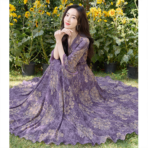 Silk Cypress House [gleiches Modell in Promi] V-Ausschnitt-Kleid 2025 Frühlings- und Sommer-Temperament gedruckter A-Line-Rock