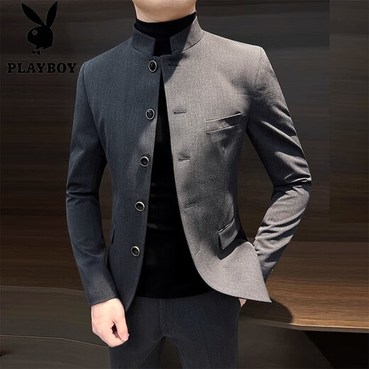 Playboy (PLAYBOY) New Chinese style national style men's tunic casual suit stand collar suit jacket men's 2025 new high-end single suit 4234# gray suit---with shipping insurance 2XL 130-145Jin Jin equals 0.5 kg