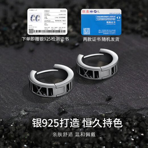 Zhen Shang Silver Chinese Gold Authorized Silver Earrings Men's Earrings Pendant Birthday Gift Anniversary Gift for Boyfriend and Husband S925