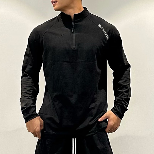 Kennedy fitness long-sleeved men's loose elastic half-zip sports T-shirt American running spring and autumn basketball training cycling jersey clone cotton long-sleeved T-shirt 2XL 160-168cm