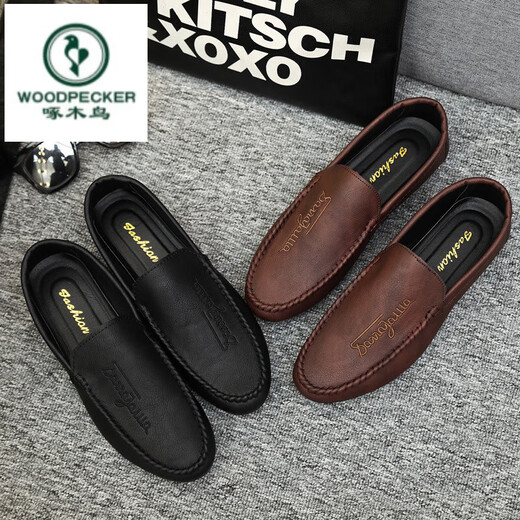 
Woodpecker summer new men's beanie shoes 2025 driving casual leather shoes soft sole kick men's trendy street shooting internet celebrity shoes D838 black 39