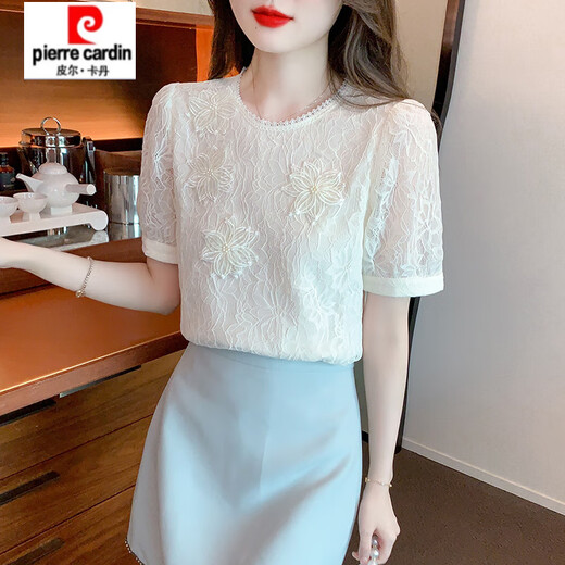 皮尔卡丹（pierre cardin）【1517人收藏】正肩时尚圆领蕾丝短袖t恤女2025夏季新款显瘦体恤 白色T1# S