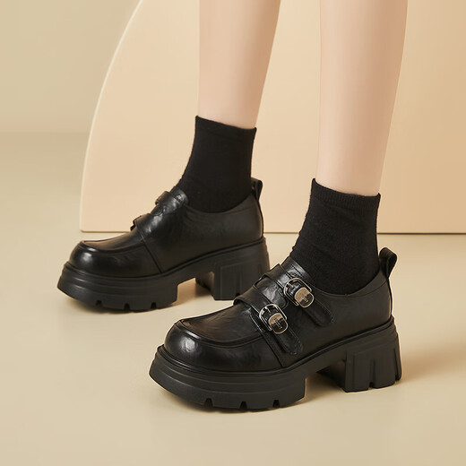 Qifanni flavan.fv semelle épaisse chaussures en cuir surélevées pour les femmes au printemps nouveaux talons épais semelles molle non glissée de style collégial pour filles chaussures en cuir décontractées 1289-2 noir 38 (240 mm)
