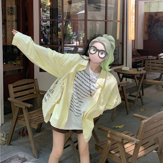 Jin Jin is equal to 0.5kg. Mu cream yellow striped shirt for women Korean style ins casual style early autumn wear loose design sun protection jacket light yellow-one size