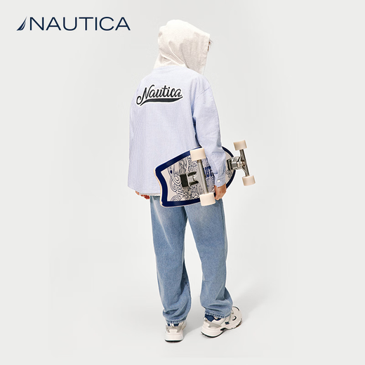 NAUTICA children's clothing boys and girls thin coat spring and autumn spliced hooded vertical striped shirt big children's clothes blue strip 140