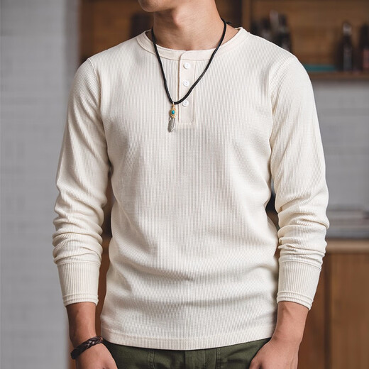 Maden Workswear American Retro Heavyweight Waffle Henry Shirt Ami Kaji Base de couche intérieure T-shirt à manches longues