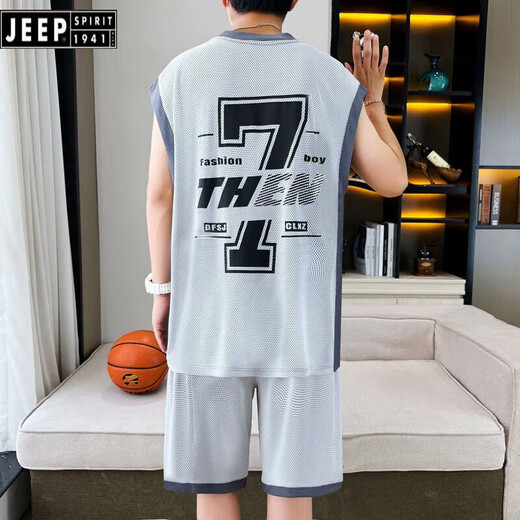 JEEP SPIRIT夏季男学生无袖冰丝网眼运动套装背心透气速干初高中篮球服男生男 6636浅蓝色 3XL[160-185斤]