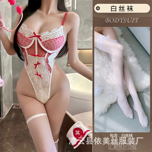 鲜橙曼欲纯欲护士制服蕾丝蝴蝶结心型透视连体衣性感套装9276 红色连体衣+发箍 S码80-100斤