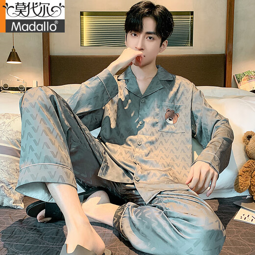 Modal light luxury pajamas for men spring and autumn summer ice, thin silk long sleeve trousers loose large size silk 2025 new set 838# V-shaped bear-Mist gray [Grey silk] 2XL [150-180Jin[Jin equals 0.5 kg]]