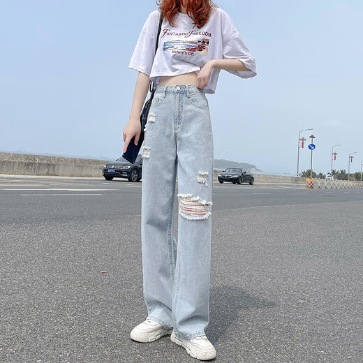 以纯YISHION网红破洞牛仔裤女2025春秋新款高腰显瘦垂感阔腿拖地裤ins潮夏装 浅蓝色现货【687款长裤】 XS