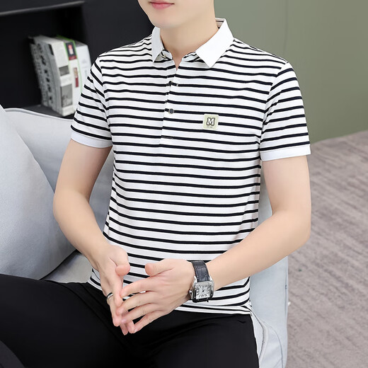 皮尔卡丹男士条纹polo短袖t恤夏季新款薄款休闲体恤翻领上服衣潮流青年 黑白条纹 QY753 M