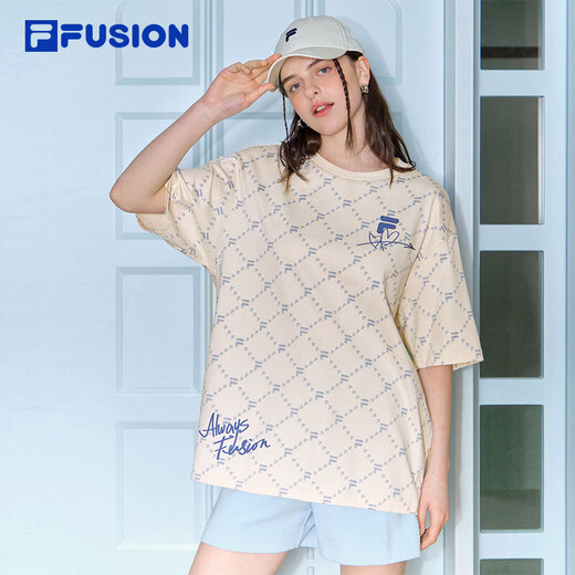 FILAFUSION斐乐潮牌男装情侣款针织短袖衫2025春新款休闲宽松纯棉T恤 麦乳色-BG L (175) 96A