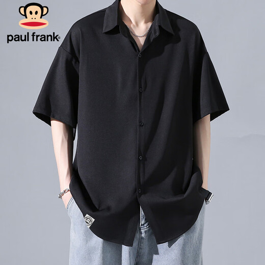 大嘴猴（paul frank）短袖衬衫男夏季宽松垂感衬衣男士外套痞帅休闲短袖 黑色 XL 