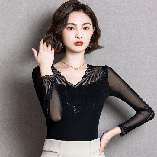 赛曼蝶雷丝打底衫女秋衣外穿2025春装新款低领蕾丝长袖修身亮丝网纱小衫 6167 小叶串 薄款 2XL (115斤-135斤)