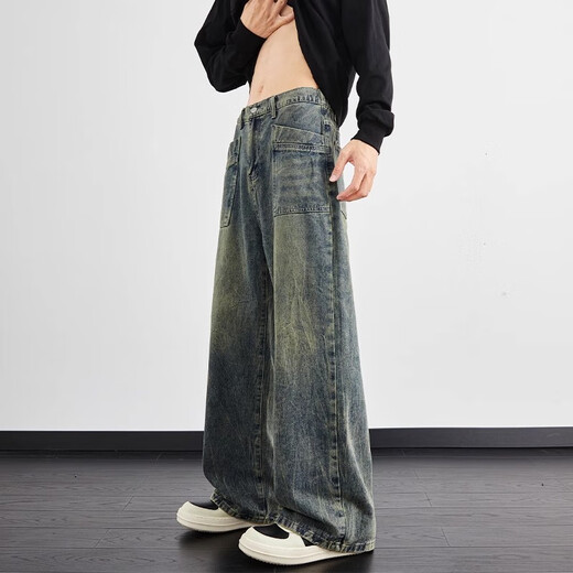 Yiran jeans men's straight-leg autumn and winter new American high street retro loose casual wide-leg lightning pattern trendy pants for men blue XL recommended 120-140Jin Jin equals 0.5 kg