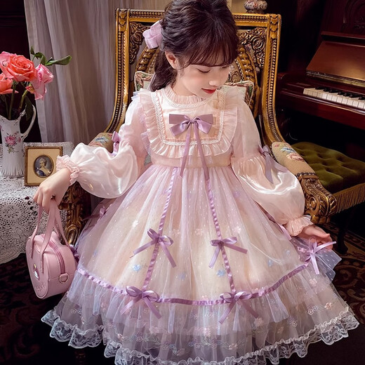 Annie Youer Girls Lolita Princess Dress Fashionable Children Puffy Mesh Dress Girls Birthday Dress Pink 140