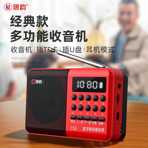 Langyun Radio Elderly Charging Card Plug-in U Disk Multifunctional Mini Bluetooth Small Speaker FM Broadcasting Semiconductor Convenient Walkman Storytelling Machine Singing Opera Player China Red Standard Bluetooth Version + Charger