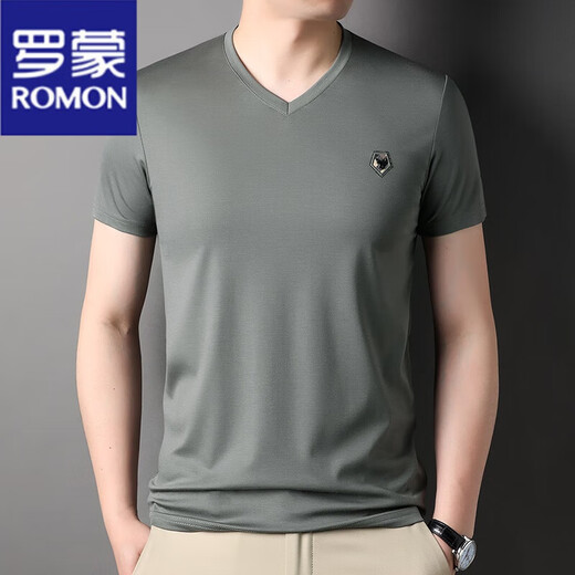 
ROMON (ROMON) mulberry silk short-sleeved T-shirt for men V-neck summer new loose solid color half-sleeved ice silk-sensing casual dad top 6998 Haqing XL 175 suggestions 140-160Jin [Jin equals 0.5 kg]