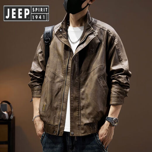 JEEP SPIRIT Jeep Leather Jacket Men's Maillard Retro Motorcycle Style Leather Jacket Men's 2025 Spring and Autumn New Pilot Jacket Brown Style Regular 2XL Suitable for Weight 160-180Jin Jin is equal to 0.5 kg