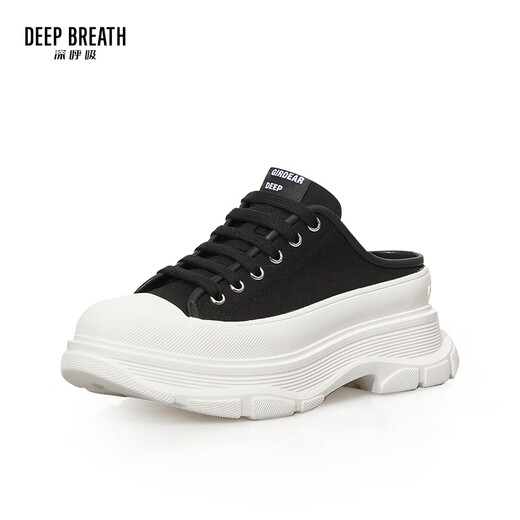 DEEP BREATH深呼吸女鞋包头半拖外穿波浪厚底帆布鞋穆勒鞋AX12250 黑白 36