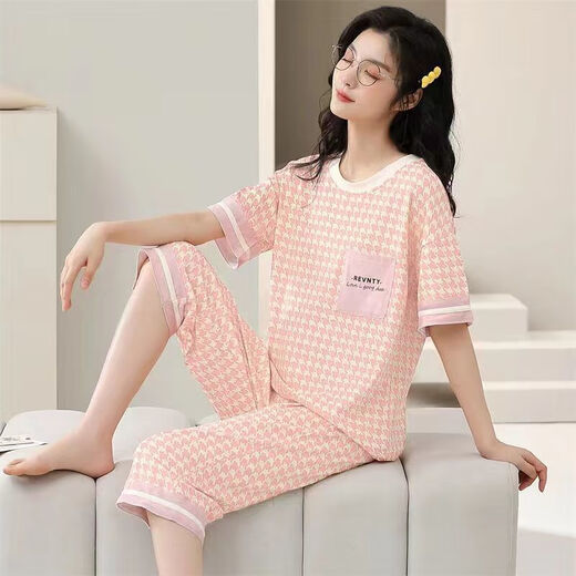 Gebratener Sommerpolyester-Baumwollpyjamas für Frauen im Sommer kurzärmeligte Hosen, die losen Frühlings- und Sommer-Kurzärärmelen-Hosen 684 2xl Set 125-135jin [Jin gleich 0,5 kg] zu tragen haben