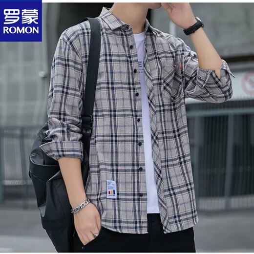 罗蒙（ROMON）格子休闲衬衫男士春秋季长袖衬衣韩式上衣服复古宽松秋季薄款外套 K12111青黄色 M 90-110斤