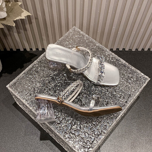 High-heeled rhinestone sandals for women in summer wear transparent one-length striped crystal heels two-size sandals silver (Rongda/KO1) 37