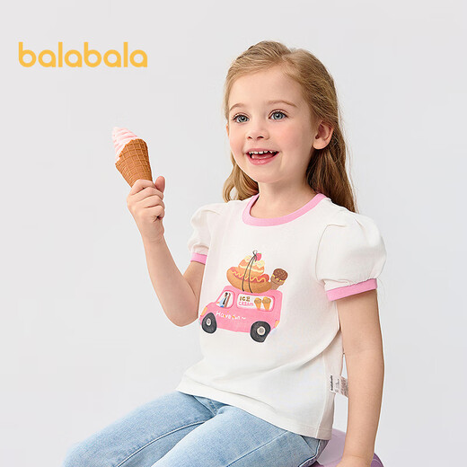 Balabala children's clothing girls short-sleeved T-shirt baby bottoming shirt top 2025 summer puff sleeves 208225117015