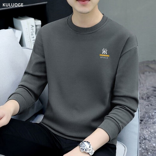 KULUOGE high-end brand sweatshirt men's trendy brand ins round neck bottoming shirt 2025 spring, autumn and winter new loose casual long-sleeved T-shirt dark night gray regular XL (150-165Jin Jin equals 0.5 kg)