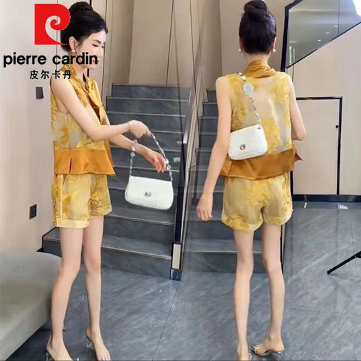 Pierre Cardin Chinesischer Stil und edler Modeanzug für Frauen 2025 Sommer neuer Stil Gantry-Ärmel-Spleißknopf-Weste Shorts Zweiteiler Set für Frauen 12158-Gelb-Set M [Vorgeschlagen 80-95jin [Jin gleich 0,5 kg]]
