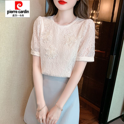 皮尔卡丹（pierre cardin）【1517人收藏】正肩时尚圆领蕾丝短袖t恤女2025夏季新款显瘦体恤 白色T1# S
