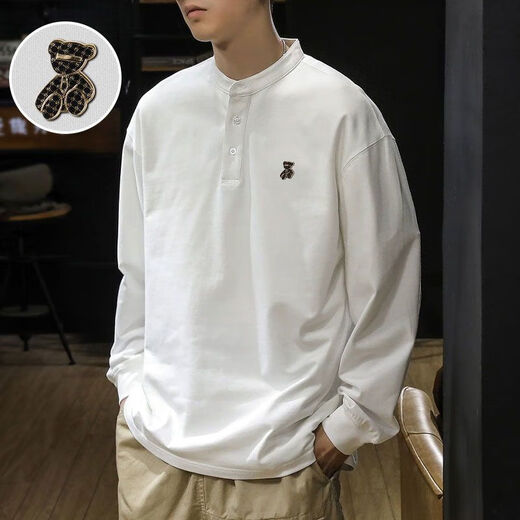 Yingtang Autumn Henry Collar Long Sleeve T-Shirt Men's Plus Velvet Large Size POLO Bottoming Shirt Spring and Autumn Men's Sweater White Autumn Style Regular M Recommendation-115Jin Jin is equal to 0.5kg