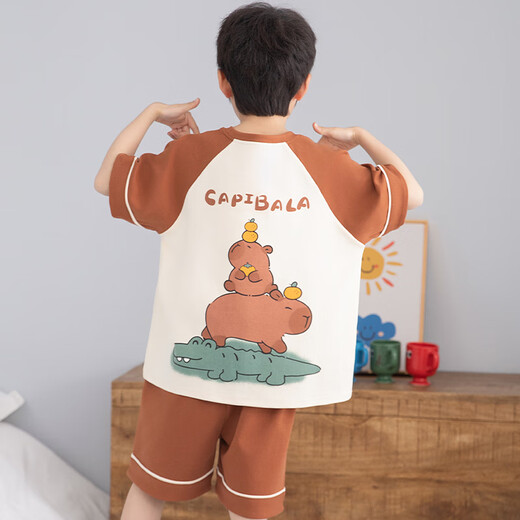 Children's pajamas boy pure cotton summer short-sleeved cute cartoon medium-sized boy boy home clothes suit summer cotton TN691# 130 size 14 (height 125-135cm weight 60Jin [Jin equals 0.5 kg])