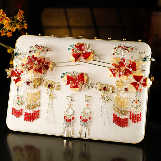 Youshu headdress Xiuhe Chinese style bridal headdress wedding Xiuhe clothing headdress high-end simple and elegant golden red face small model headdress + ear clip