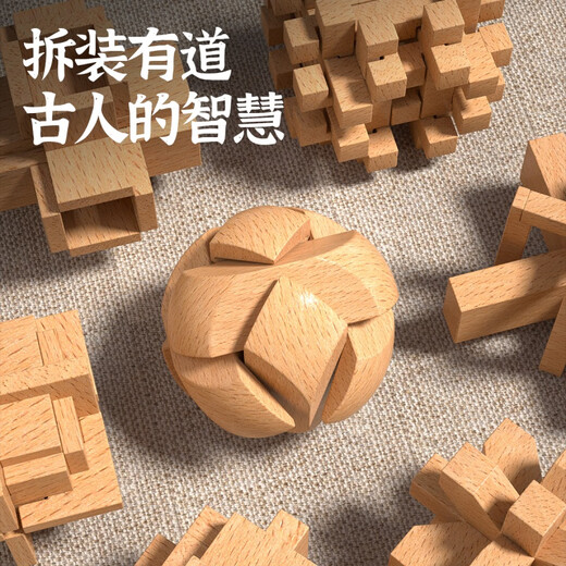 结盟者鲁班锁孔明锁全套实木儿童玩具小学生智力锁解扣榫卯积木儿童玩具 榉木六件套【难度一】套图解/视