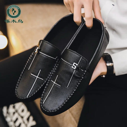 Holzspecker fahren Bohnenschuhe für Frühlings- und Sommer -Trend koreanische vielseitige Schuhe mit einem Fuß, faul britische Freizeitlederschuhe D838 Black 39