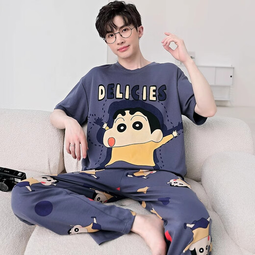 喻可眠男士睡衣春夏季短袖长裤纯棉家居服卡通青少年春秋款宽松大码套装 WB675 XL 标准XL 高175 重125-150斤