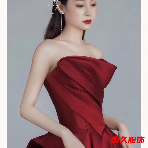 Mei Anjia burgundy bridal toast dress new ladylike temperament tube top wedding dress slim home engagement evening dress for women burgundy L 170