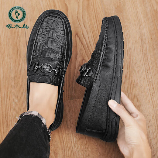 Woodpecker 2025 Herbst und Winter neue Herrenschuhe britische sportliche lässige Bohnenlederschuhe vielseitige Slip-on-faule trendige Herrenschuhe 2629 schwarz 39