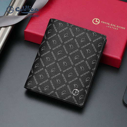 Goldlion Wallet Herren Trendy Card Bag Short Wallet Herren echter Leder Clip -Modemarke -Print Geschenkbox für Freund Ehemann Schwarz ein Stil