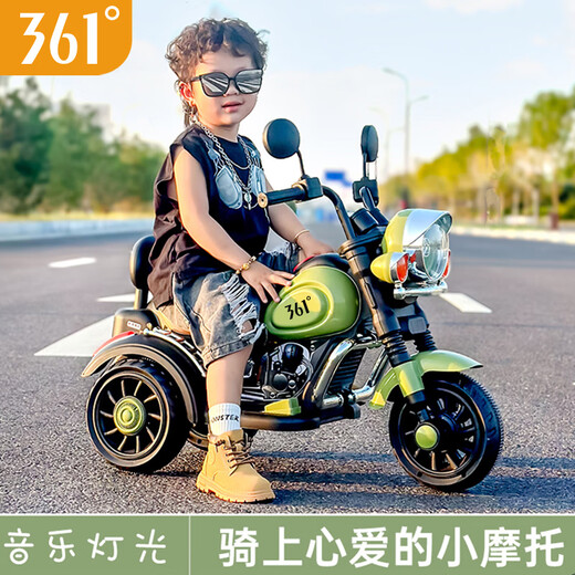 361 Children's electric motorcycle can sit on the baby's gift, boys and girls can drive the remote control toy with early education music, retro green | remote control version - powerful dual drive/music