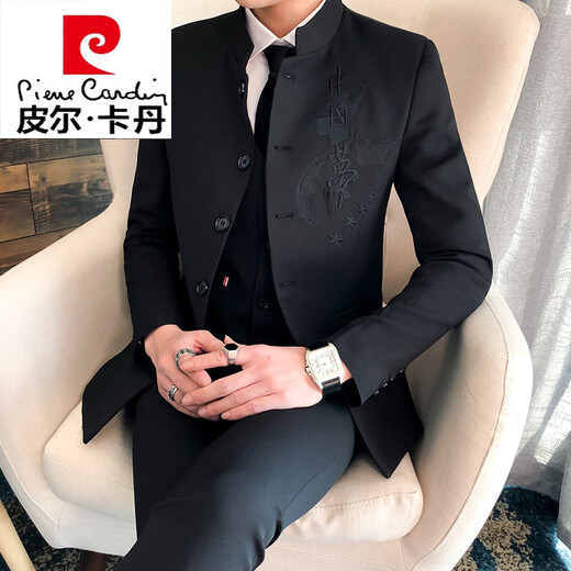 皮尔卡丹（pierre cardin）中山装男立领修身韩版潮青年中国风西装男士套装休闲西服唐装外套 黑色【西服+裤子+马甲+衬衫】送 2XL (135~150斤)
