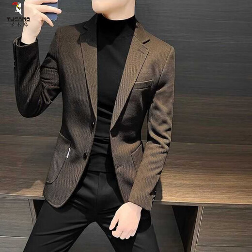 啄木鸟（TUCANO）华夫格小西装外套男士春秋季2025新款感男装商务痞帅休闲西服 黑色 【130-150斤】 XL