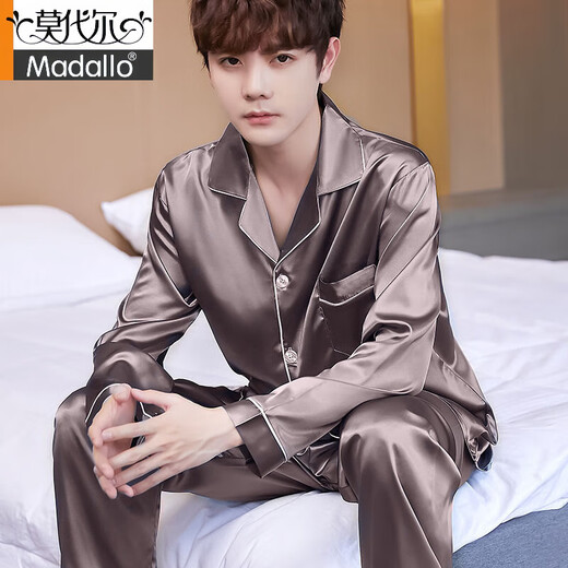 Pajama de seda de hielo modal Primavera y otoño 2025 Seda adolescente delgada de manga larga. Silk Plus Size Home Clothing 9898# [Gray and Blue] + Classic Eternal L 9898# [100-120Jin [Jin es igual a 0.5 kg]] + Classic Eternal
