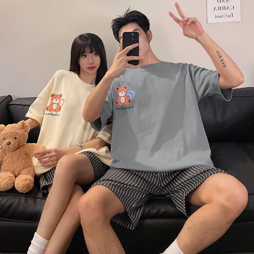 
Cat couple's new summer short-sleeved pure cotton pajamas 2025 thin cute home clothes CW#9925 M Women + Men L