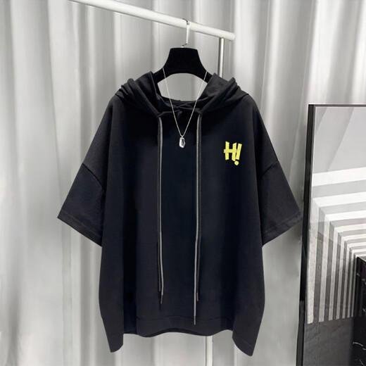 Yushida Hong Kong-Stil mit Kapuze mit Kurzärärmelanzug Herren Sommer Trendy Printed T-Shirt Handsome Ganze passende weiße T5019+Grey K9215 S Geeignet (85-105jin [Jin gleich 0,5 kg]))