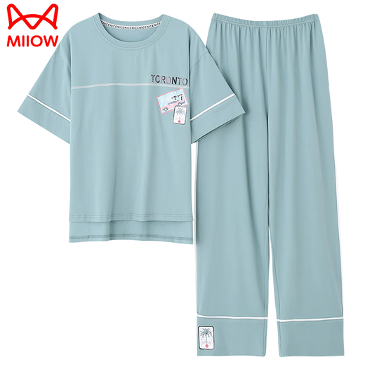 Catman (Miiow) Pajamas for Women for Summer Pure Cotton 2025 Nouveau pantalon à manches courtes Clothing Home Clothing pour le costume de coton mince 7374 Green 2xl 140-160jin [Jin est égal à 0,5 kg]
