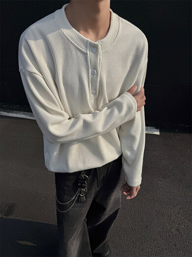 Tailored rain and rainbow cleanfit henley collar long-sleeved T-shirt for men 25 spring and autumn new textured loose inner sweatshirt bottoming shirt off-white off-white M (90-105Jin Jin equals 0.5 kg)